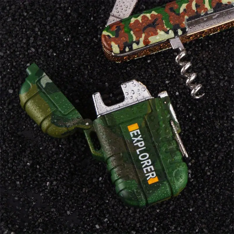 Portable Dual Arc Lighter for Outdoors - Waterproof Camouflage